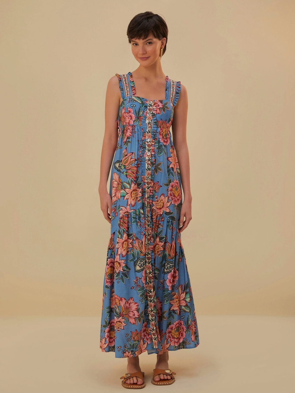 EUC FARM RIO Blue Wonderful Bouquet Sleeveless Maxi Dress
